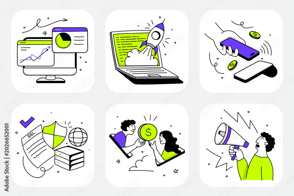 Ταπετσαρία A clean and modern set of 6 wobbly style fintech illustrations designed for mobile apps, dashboards, and financial products