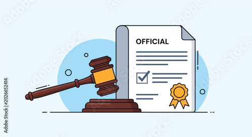 Official law and justice concept featuring a wooden judge gavel next to a certified document with a checkmark and seal.