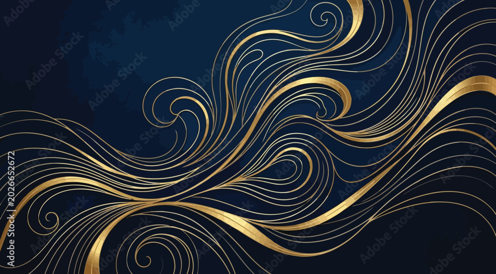 Fototapeta premium Abstract background with flowing golden lines on a dark blue surface