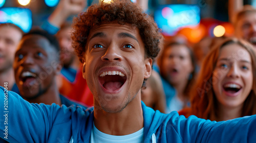 Excited sports fans celebrating victory in crowd with joyful emotions and shared community enthusiasm concept