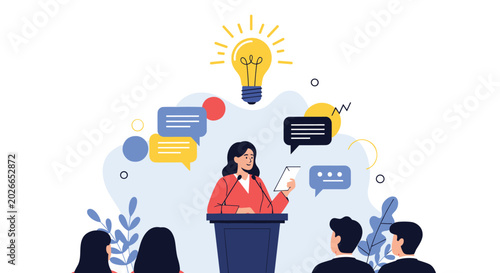 Female public speaker giving a presentation at a podium with creative ideas and thought bubbles for business innovation.