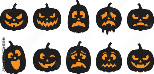 Photos Collection of various halloween pumpkin faces with different expressions isolate
