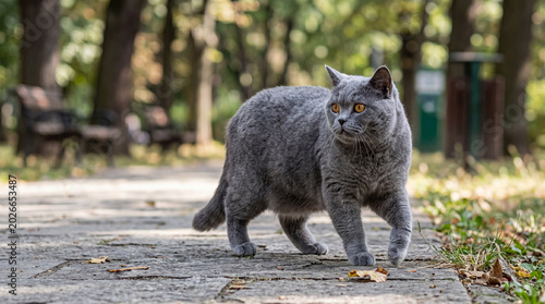 Tableau sur toile Adorable British Shorthair cat with striking orange eyes walking calmly on a quiet park pathway