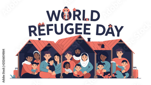 Obraz na płótnie World Refugee Day: A heartfelt illustration depicts diverse families finding refuge and hope, commemorating World Refugee Day and highlighting the importance of solidarity and compassion