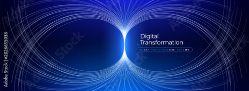 Digital business transformation data network smart communication technology concept. AI abstract blue futuristic background, data flow information, innovation future tech system. Vector illustration
