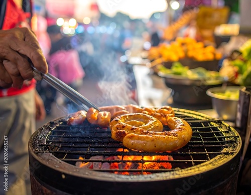 Grilled sausages on a barbecue with smoke in a market setting