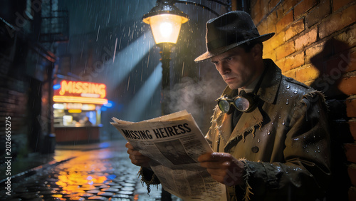 Detective Investigating Missing Heiress Case in Dark Rainy City Alley