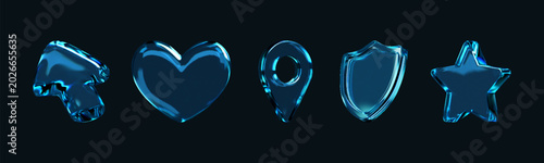 Canvas Print 3D holographic blue glass icons set including arrow, heart, location pin, security shield, and star with glossy refractive finish isolated on dark background for tech UI design
