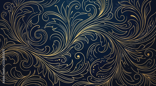 Foto Abstract ornate golden decorative pattern on deep blue background, intricate swi