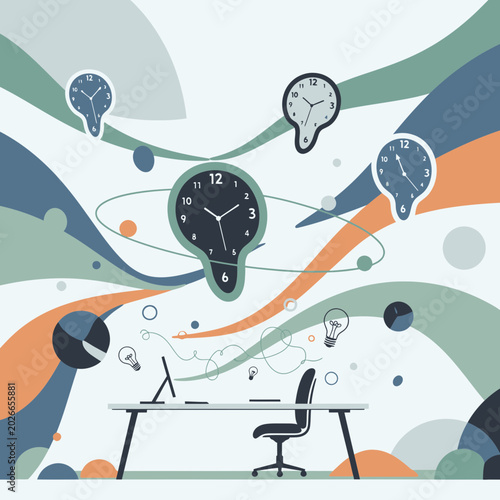 Surreal office workspace with melting lightbulb clocks and abstract shapes