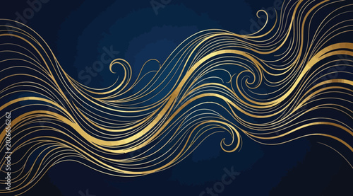 Canvas Print Abstract golden flowing strands on deep blue background, curved metallic lines w