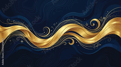Canvas Print Abstract golden ribbon wave on deep blue background, luminous metallic curves wi