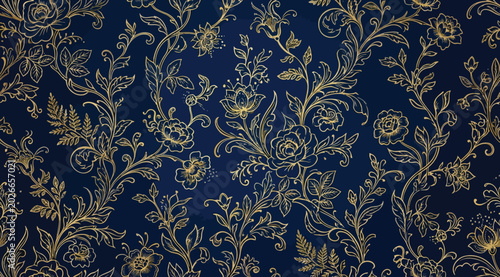 Foto Luxury gold floral pattern on deep blue background, seamless vintage wallpaper d