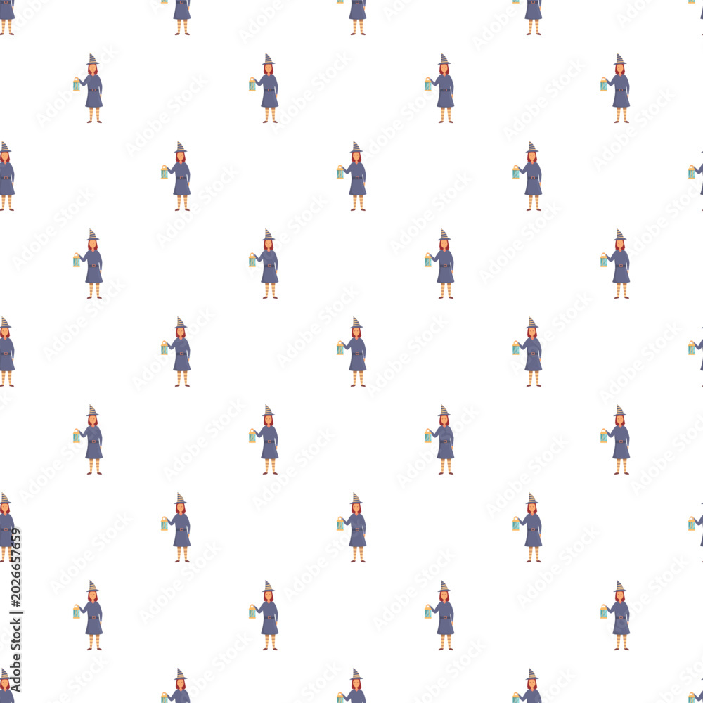 Fototapeta premium Witch character holding a lantern creating a magical halloween seamless pattern