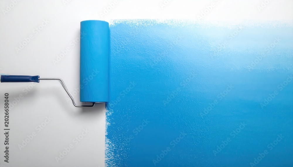 Obraz premium Blue paint roller applying fresh coat on white wall, ideal for renovation and interior design themes.
