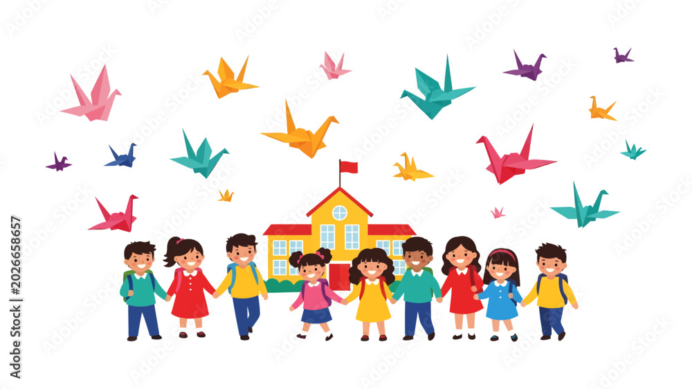 Fototapeta premium School Days Celebration: A group of cheerful children stand hand-in-hand in front of their school, with colorful origami cranes soaring in the sky above, symbolizing peace and joy.
