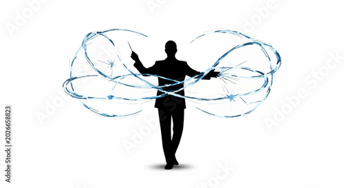 Silhouette of a conductor orchestrating swirling blue light trails with a baton, symbolizing creative energy and control.