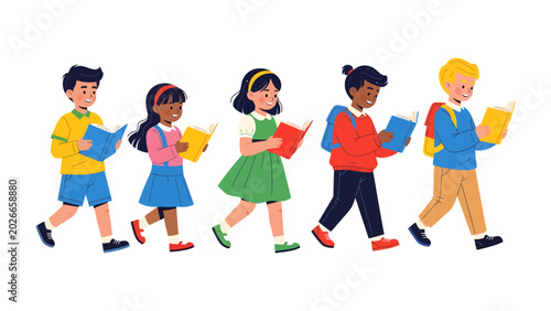Slika na platnu Young Readers on the Move: A diverse group of children walks together, each engrossed in their book, symbolizing the journey of knowledge and imagination
