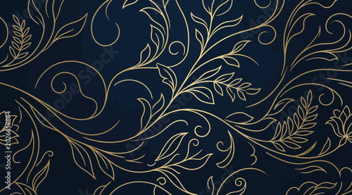 Elegant gold floral pattern on dark blue background