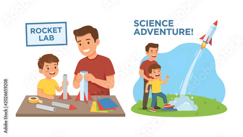 Photos Father and Son Science Adventure: A heartwarming depiction of a father and son bonding over a Rocket Lab project, culminating in a successful rocket launch, celebrating curiosity and discovery