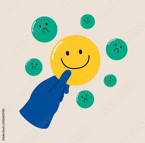Hand holding a happy face emoji among sad face emojis. Psychological and mental stability. Colorful vector illustration