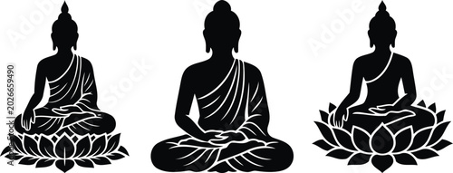 Fotografía Black silhouette buddha statues sitting on lotus flowers