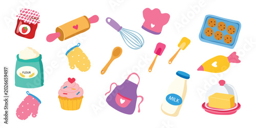 Cute Baking Illustration Collection with Kitchen Tools and Homemade Dessert Elements