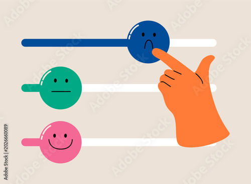 Hand moves slider bar emotions in direction of badly mood. Slider bar for feeling or emotion. Colorful vector illustration