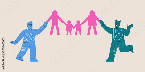 Boy and girl hold family paper model. Colorful vector illustration