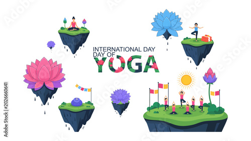 Tableau sur toile International Day of Yoga Celebration: Diverse individuals engage in various yoga poses on floating islands amidst serene landscapes, adorned with lotus flowers and prayer flags