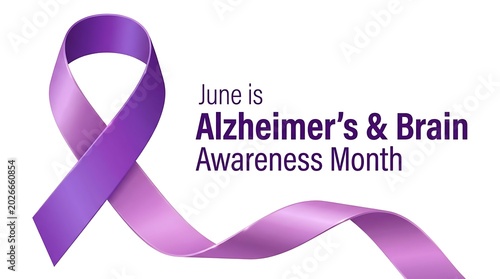 June is alzheimers and brain awareness month with purple ribbon for health support and medical research concept.