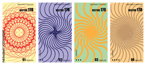 Schilderij op canvas Set of four abstract posters with geometric patterns and colorful wavy lines