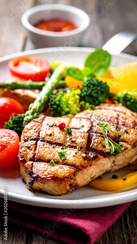Grilled steak with fresh vegetables on a white plate ready to serve