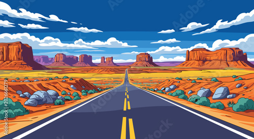 Scenic Desert Highway Vector Illustration of a Straight Road Leading to Distant Buttes Under a Blue Sky with Clouds