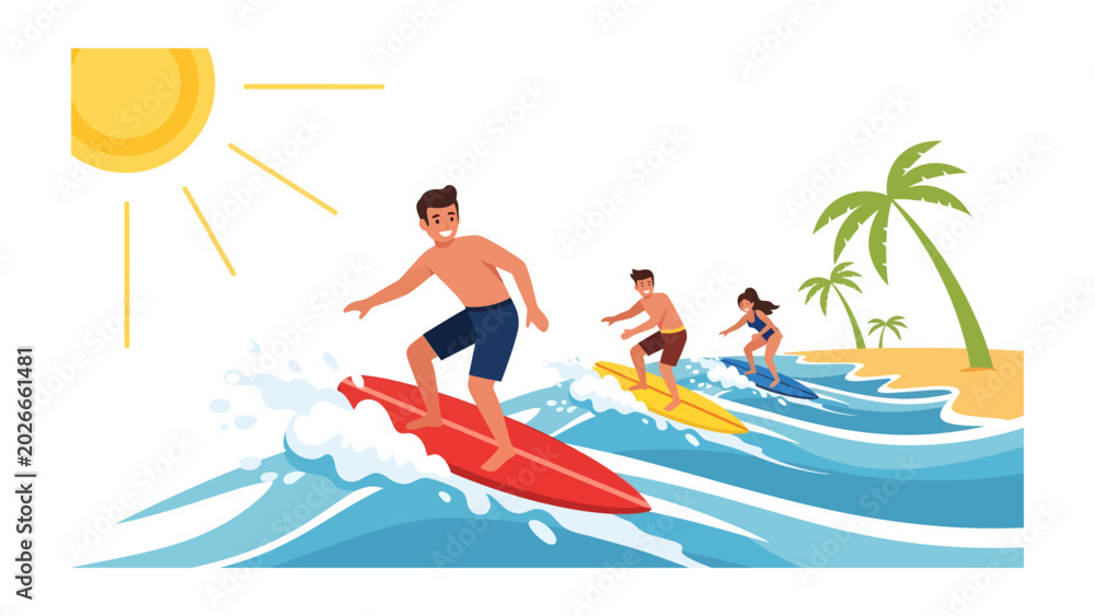 Fototapeta premium Surfing Adventure: A vibrant illustration depicts three surfers skillfully riding ocean waves under a bright sun, with palm trees dotting the sandy shore in the background.