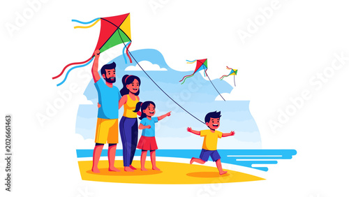Принти на полотні A Joyful Family Day at the Beach: A happy family enjoys a sunny day at the beach, flying colorful kites and reveling in outdoor fun and togetherness