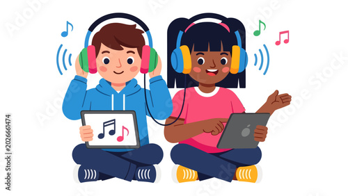 Tableau sur toile Kids Listening to Music: A boy and girl, diverse in appearance, sit together, each engrossed in listening to music through headphones while looking at their respective devices