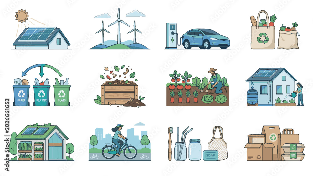 Naklejka premium Sustainable Lifestyle Illustration Collection for Renewable Energy and Eco Friendly Living Concepts