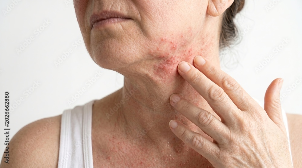 Naklejka premium Senior woman touching painful shingles rash and blisters on her jawline and neck