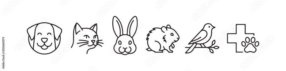 Fototapeta premium Set of pet and veterinary line icons featuring a happy dog, a winking cat, a rabbit, a hamster, a bird, and a medical cross with a paw print