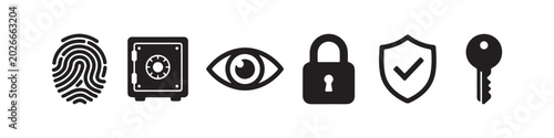 Photos Security and protection icon set featuring fingerprint, safe, eye, padlock, shielded checkmark, and key