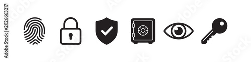 Foto Set of security and confidentiality icons featuring fingerprint, padlock, shield, safe, eye, and key