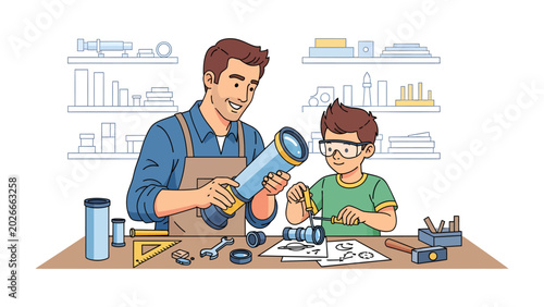 Father and Son Hobby Workshop: A smiling father and son are engrossed in a shared hobby, working together on a project at a workbench filled with tools and parts.