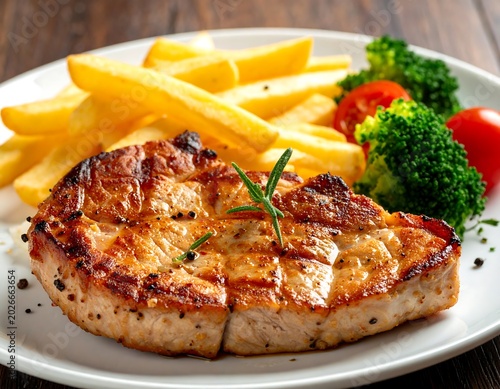 Grilled steak with fries and vegetables on a white plate