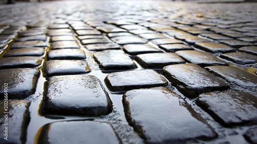 cobblestones. Wet cobblestones after rain, reflecting soft light on the ground. travel magazines, destination branding, designed for outdoor magazines and nature guides.