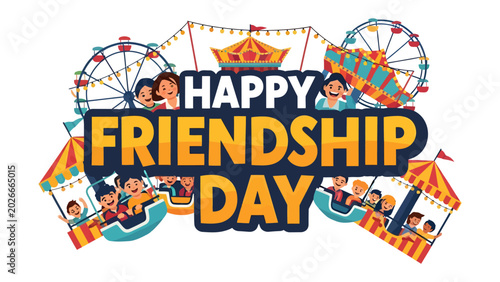 Valokuva Happy Friendship Day Celebration: A vibrant illustration depicting a joyous celebration of friendship with carnival rides, Ferris wheel, and happy people enjoying the fun and camaraderie
