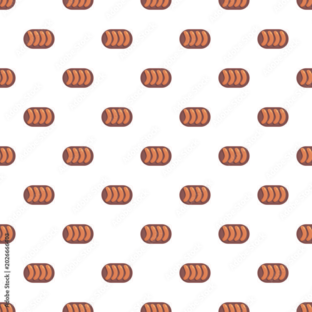 Fototapeta premium Sausage links neatly arranged on brown platters creating a repeating seamless pattern