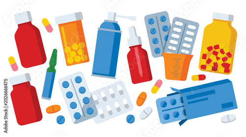 Bild auf Leinwand Pharmacy medicine icons with pills bottles and healthcare tools.