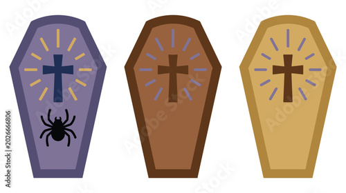 Tableau sur toile Spooky halloween coffin icons with cross and spider elements.