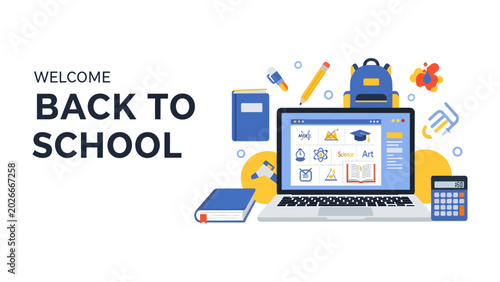 Valokuva Back to School Digital Learning: A colorful illustration depicts a laptop screen displaying various educational icons